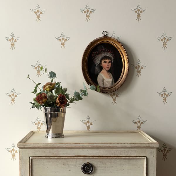 WCT004 01 Full Wall with Gustavian Bedside and Portrait – Wisteria Wallpaper in Seafoam