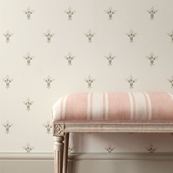 WCT004 02 Cloesup with Gustavian Bench – Wisteria Wallpaper in Pale Pink