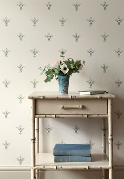 WCT004 03 with Bamboo Bedside2 – Wisteria Wallpaper in Antique Blue
