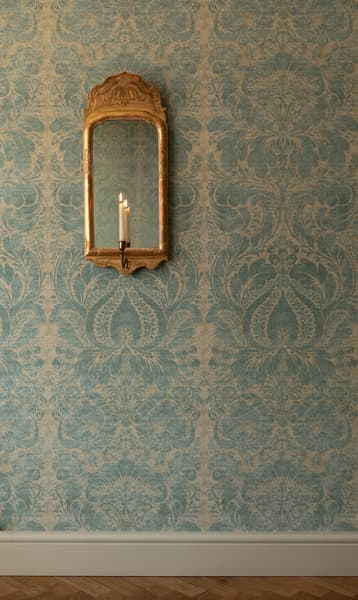 WPK001 01 Full Wall with Antique Mirror – Venetian Damask Wallpaper in Cinder Blue