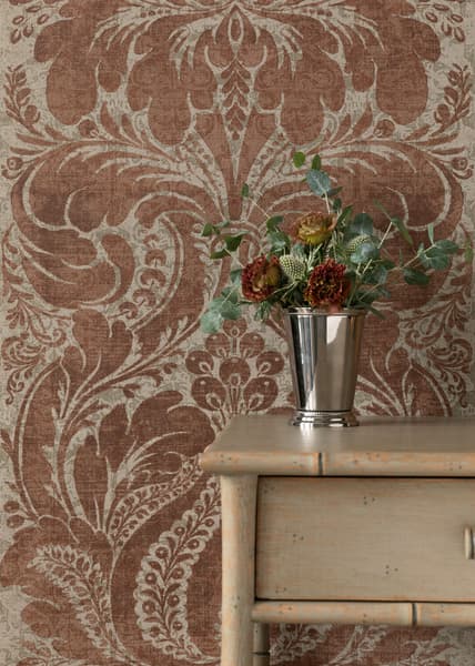 WPK001 04 Closeup with Bamboo Table – Venetian Damask Wallpaper in Tombacco
