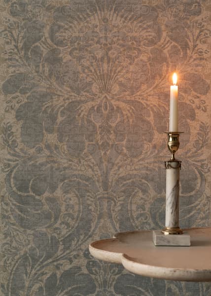 WPK001 07 Closeup with Pie Crust Table and Candle – Venetian Damask Wallpaper in Pewter