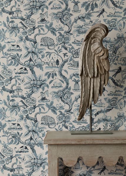 WRS001 01 Closeup with Wing and Scallop Console – Toile de Joie Wallpaper in Antique Blue