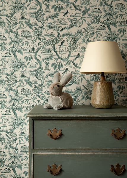 WRS001 02 Chest of Drawers and Bunny Closeup – Toile de Joie wallpaper in Sea Green