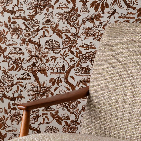 WRS001 03 Closeup with Chair – Toile de Joie Wallpaper in Sepia