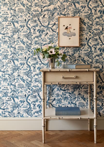 WRS001 04 with Bamboo Bedside and Ramiro Painting – Toile de Joie Wallpaper in Indigo
