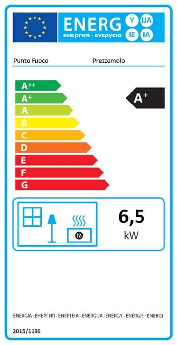Energimærke til Prezzemolo pilleovn. A+ med 6,5 kw.