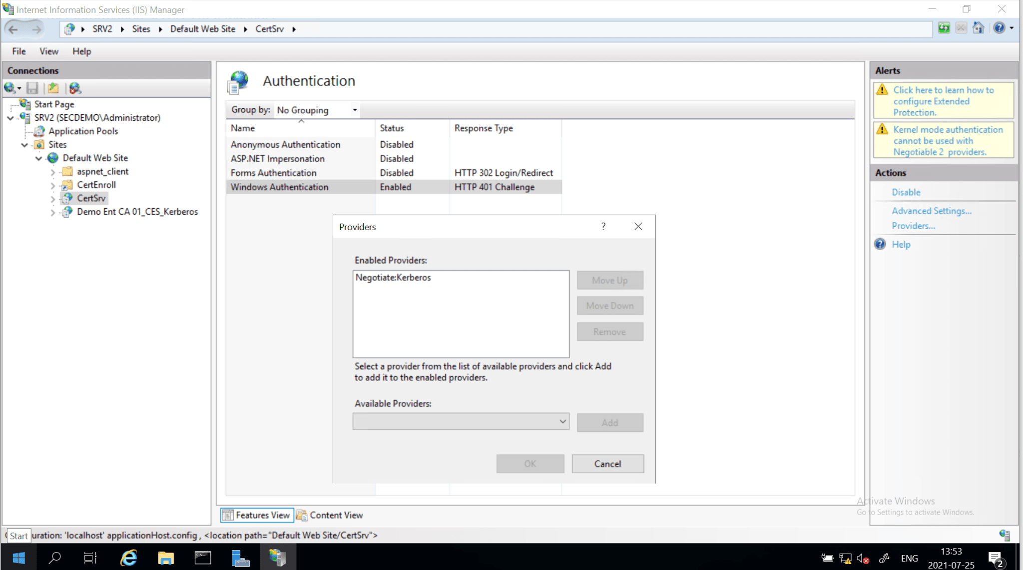 Disable NTLM - Internet Information Services (IIS)