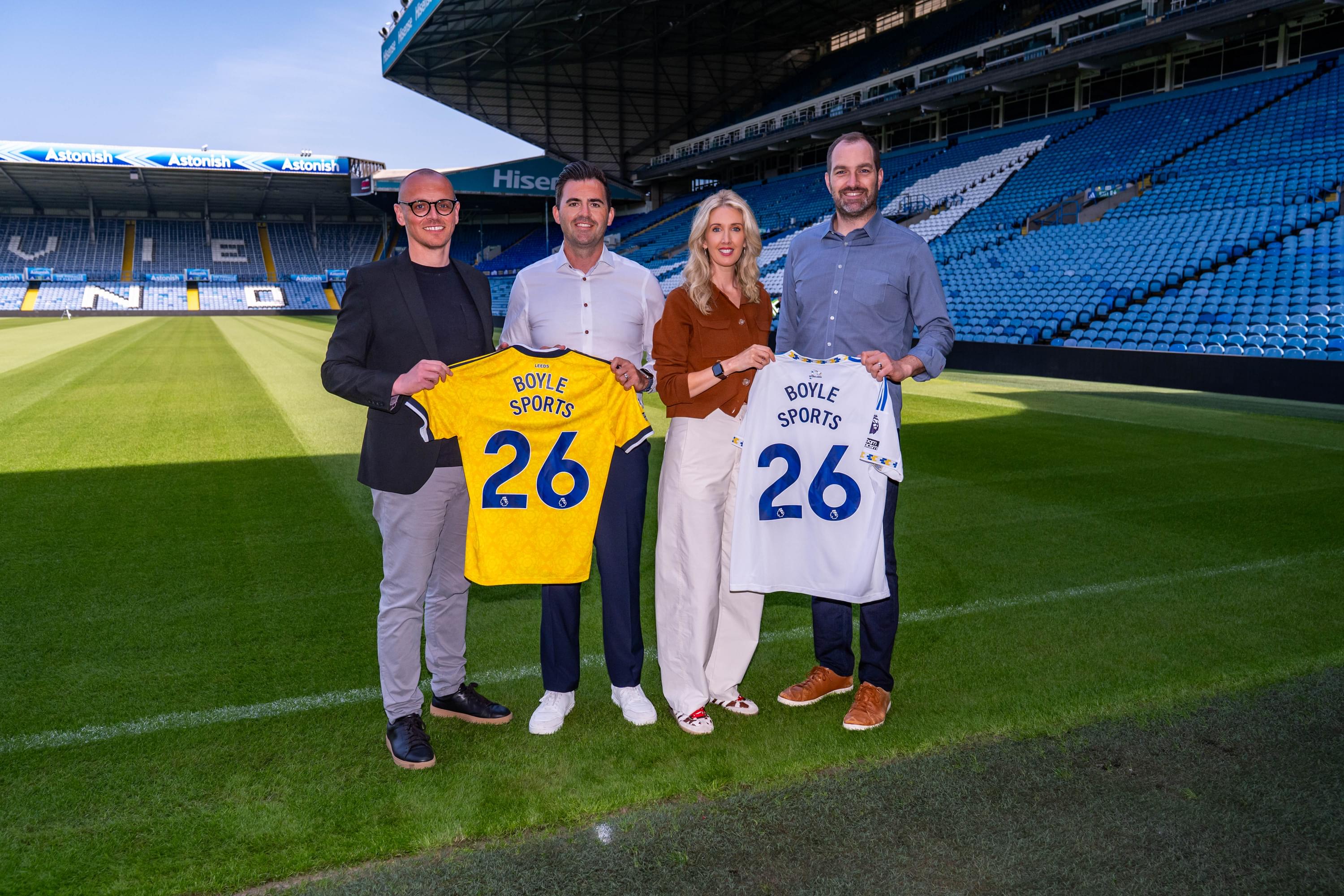 Pictured at the launch of BOYLE Sports’ new partnership with Leeds United are L-R: Phil Hardman (Partnerships Director, Leeds United), Liam McKee (Head of Sponsorship, BOYLE Sports), Gill Blake-Swift (Director of Brand, BOYLE Sports) and Robbie Evans (Managing Director, Leeds United). Pictured at the launch of BOYLE Sports’ new partnership with Leeds United are L-R: Phil Hardman (Partnerships Director, Leeds United), Liam McKee (Head of Sponsorship, BOYLE Sports), Gill Blake-Swift (Director of Brand, BOYLE Sports) and Robbie Evans (Managing Director, Leeds United).