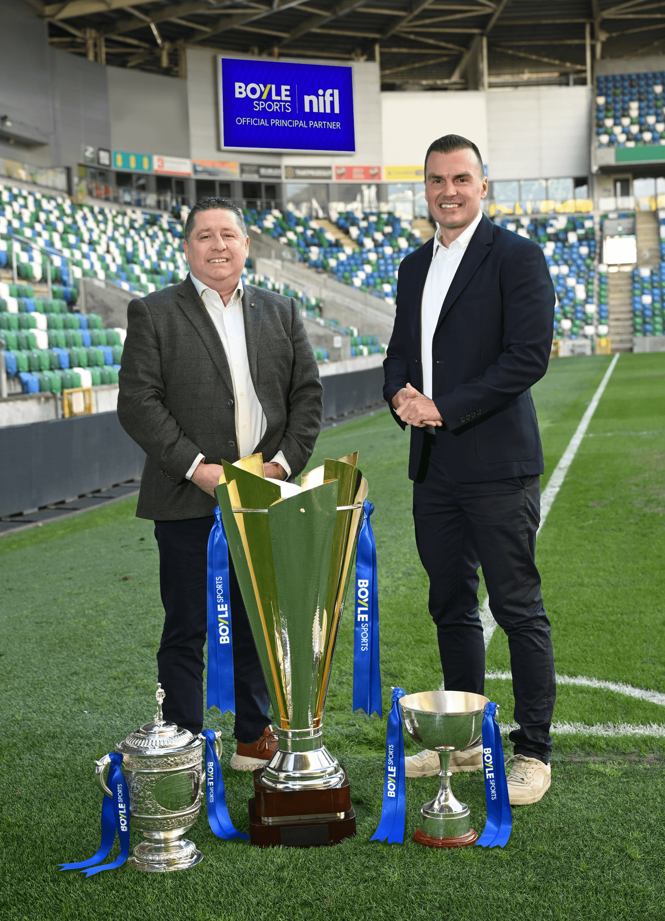 NIFL Chief Executive Officer Gerard Lawlor and Vlad Kaltenieks, Chief Executive Officer of BOYLE Sports celebrate the launch of the new partnership NIFL Chief Executive Officer Gerard Lawlor and Vlad Kaltenieks, Chief Executive Officer of BOYLE Sports celebrate the launch of the new partnership