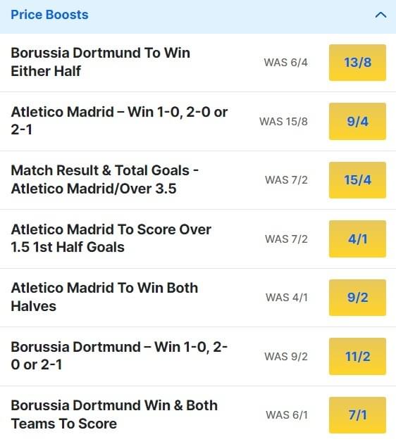 Atletico Madrid v Dortmund Odds Price Boosts Champions League Quarter Final 2024 Atletico Madrid v Dortmund Odds Price Boosts Champions League Quarter Final 2024