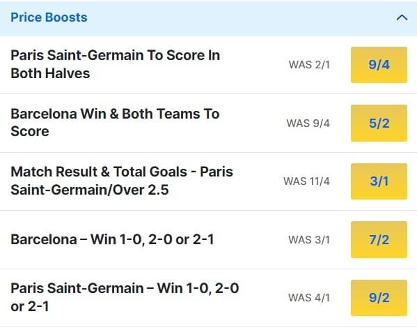 Barcelona v PSG Odds Price Boosts Champions League Quarter final 2023 24 Barcelona v PSG Odds Price Boosts Champions League Quarter final 2023 24