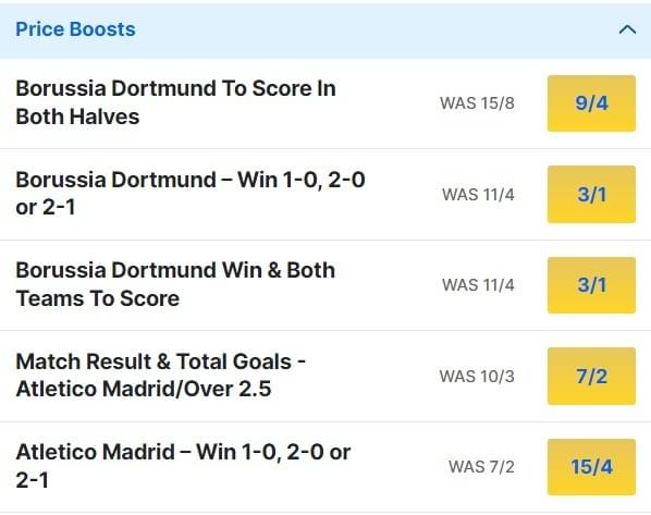 Dortmund v Atletico Madrid Odds Price Boosts Champions League Quarter final 2023 24 Dortmund v Atletico Madrid Odds Price Boosts Champions League Quarter final 2023 24