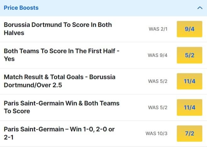 Dortmund v PSG Odds Price Boosts Champions League semi final 2023 24 Dortmund v PSG Odds Price Boosts Champions League semi final 2023 24