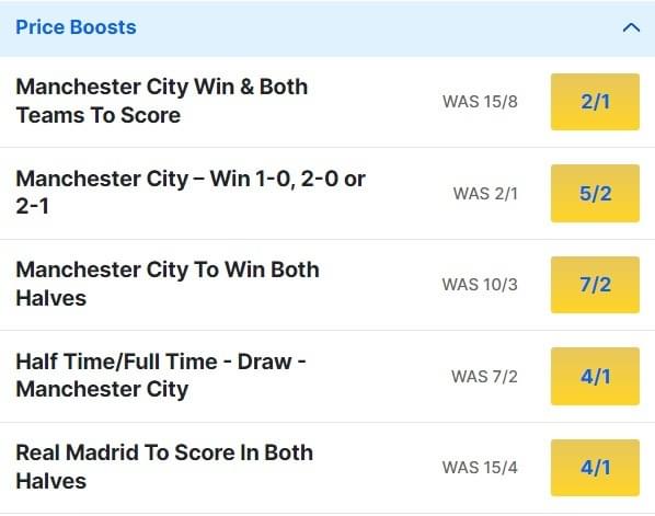 Man City v Real Madrid Odds Price Boosts Champions League Quarter final 2023 24 Man City v Real Madrid Odds Price Boosts Champions League Quarter final 2023 24
