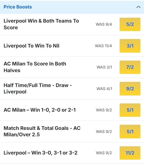 AC Milan v Liverpool Odds Price Boosts Champions League 2024 25 AC Milan v Liverpool Odds Price Boosts Champions League 2024 25