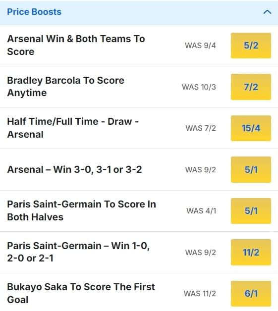 Arsenal v PSG Odds Price Boosts Champions League 2024 25 Arsenal v PSG Odds Price Boosts Champions League 2024 25