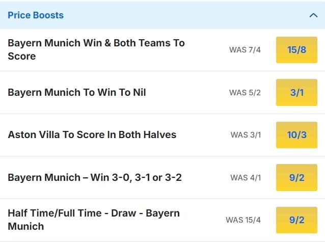 Aston Villa v Bayern Munich Odds Price Boosts Champions League 2024 25 Aston Villa v Bayern Munich Odds Price Boosts Champions League 2024 25