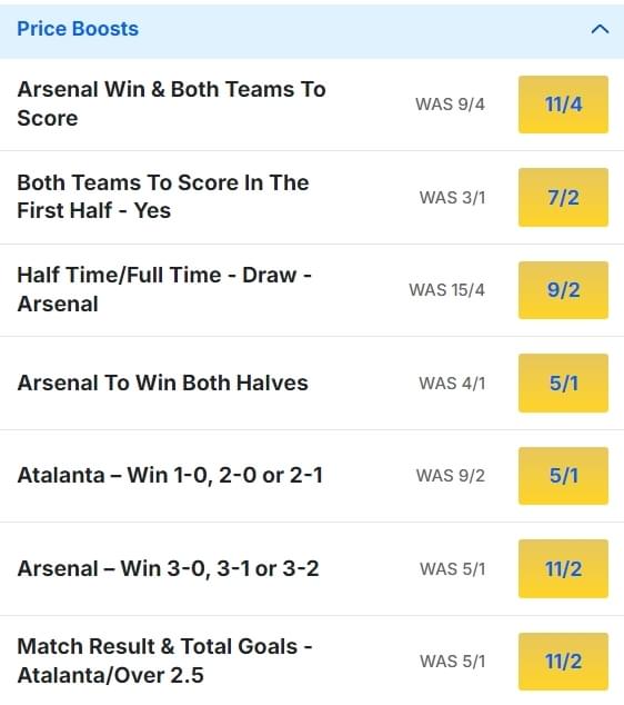 Atalanta v Arsenal Odds Price Boosts Champions League 2024 25 Atalanta v Arsenal Odds Price Boosts Champions League 2024 25