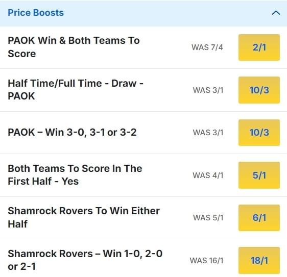 PAOK v Shamrock Rovers Odds Price Boosts Europa League PAOK v Shamrock Rovers Odds Price Boosts Europa League