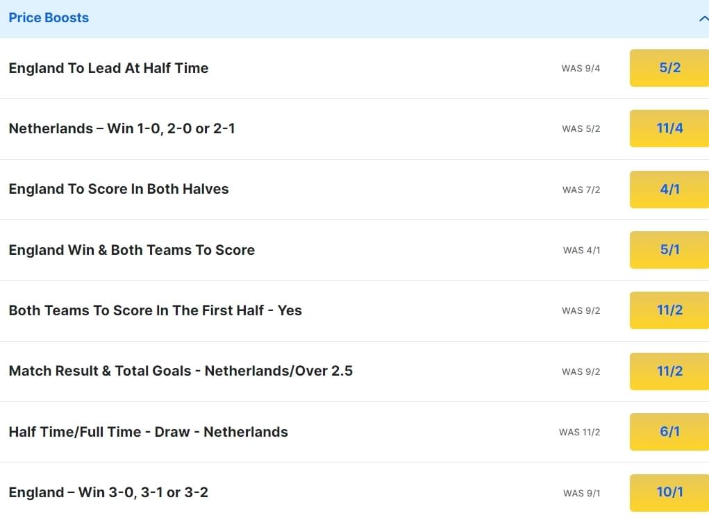 Netherlands v England Odds Price Boosts Euro 2024 Semi Final Netherlands v England Odds Price Boosts Euro 2024 Semi Final