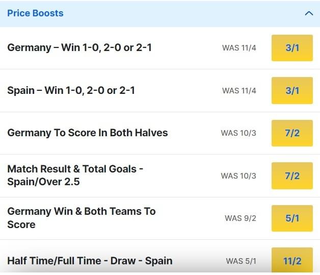 Spain v Germany Odds Price Boosts Euro 2024 Quarter Final Spain v Germany Odds Price Boosts Euro 2024 Quarter Final