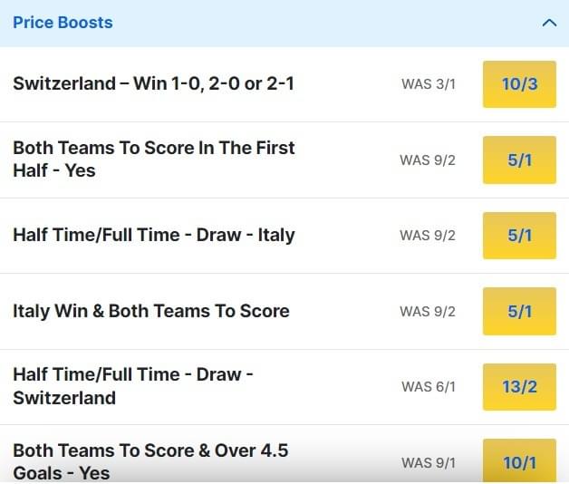 Switzerland v Italy Odds Price Boosts Euro 2024 Switzerland v Italy Odds Price Boosts Euro 2024
