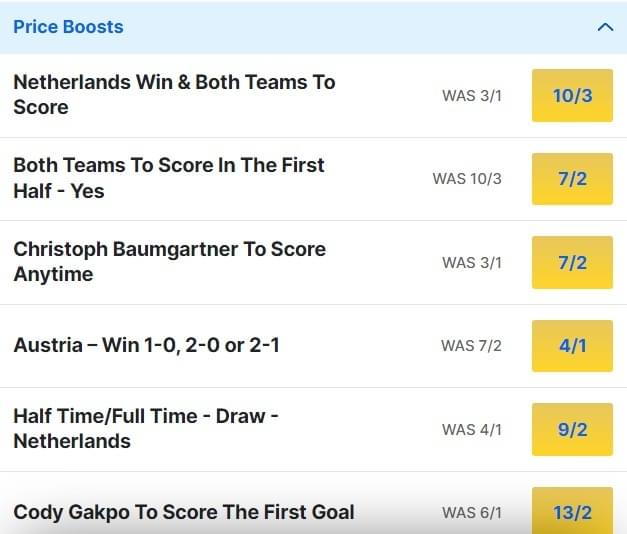 Netherlands v Austria Odds Price Boosts Euro 2024 Netherlands v Austria Odds Price Boosts Euro 2024