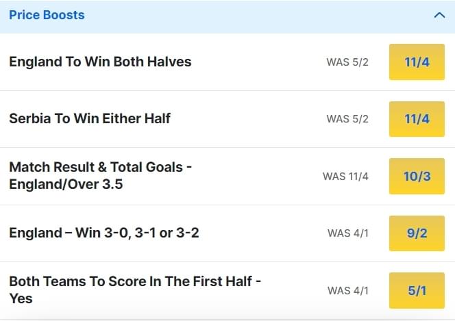 Serbia v England Odds Price Boosts Serbia v England Odds Price Boosts