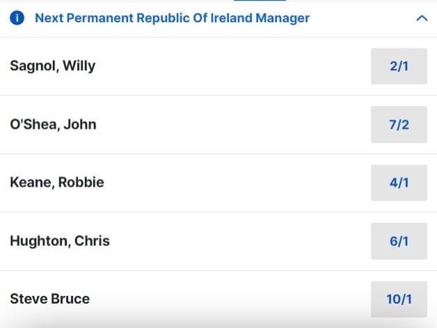 Next Republic of Ireland Manager Odds 5 Next Republic of Ireland Manager Odds 5