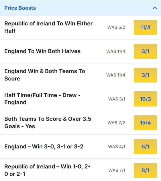 Republic of Ireland v England Odds Price Boosts Nations League 2024 25 Republic of Ireland v England Odds Price Boosts Nations League 2024 25