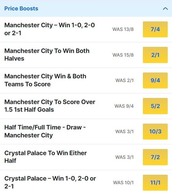 Crystal Palace v Man City Odds Price Boosts Premier League Crystal Palace v Man City Odds Price Boosts Premier League