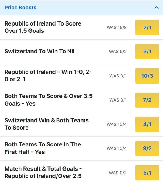 Republic of Ireland v Switzerland Odds Price Boosts - International Friendly