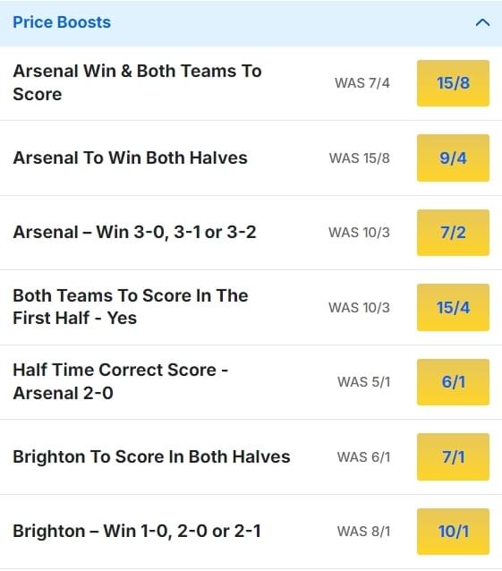 Arsenal v Brighton Odds Price Boosts Premier League 2024 25 Arsenal v Brighton Odds Price Boosts Premier League 2024 25