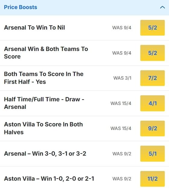 Aston Villa v Arsenal Odds Price Boosts Premier League 2024 25 Aston Villa v Arsenal Odds Price Boosts Premier League 2024 25