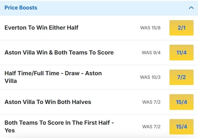 Aston Villa v Everton Odds Price Boosts Premier League 2024 25 Aston Villa v Everton Odds Price Boosts Premier League 2024 25