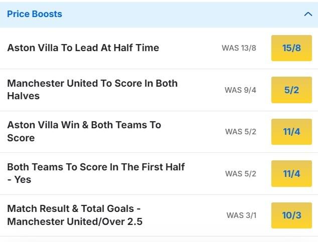 Aston Villa v Man United Odds Price Boosts Premier League 2024 25 Aston Villa v Man United Odds Price Boosts Premier League 2024 25