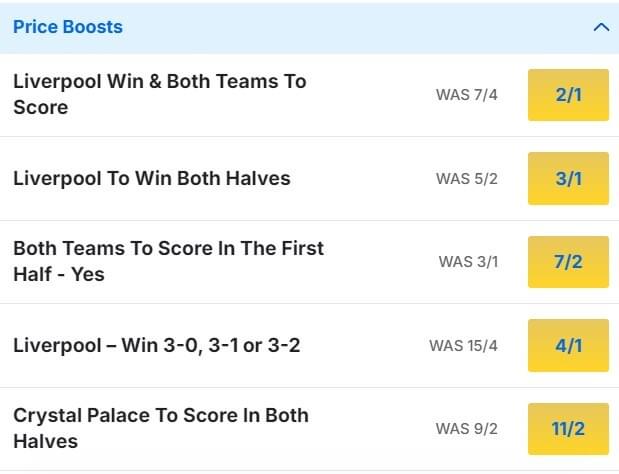 Crystal Palace v Liverpool Odds Price Boosts Premier League 2024 25 Crystal Palace v Liverpool Odds Price Boosts Premier League 2024 25