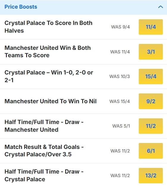 Crystal Palace v Man United Odds Price Boosts Premier League 2024 25 Crystal Palace v Man United Odds Price Boosts Premier League 2024 25
