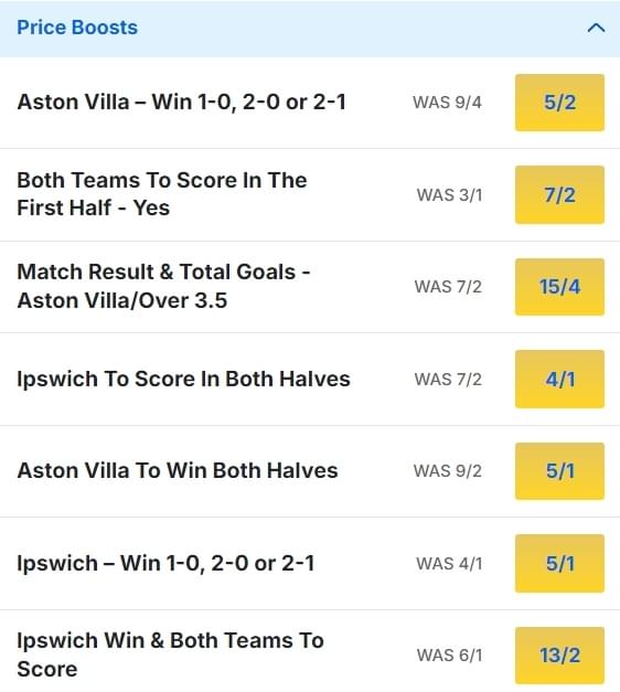Ipswich Town v Aston Villa Odds Price Boosts Premier League 2024 25 Ipswich Town v Aston Villa Odds Price Boosts Premier League 2024 25