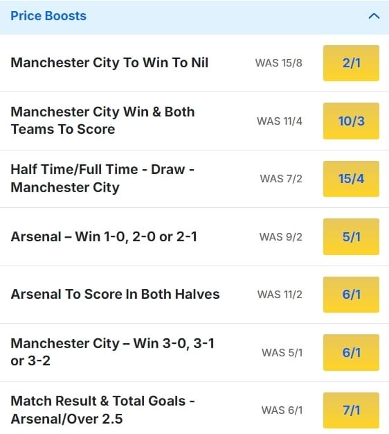 Man City v Arsenal Odds Price Boosts Premier League 2024 25 Man City v Arsenal Odds Price Boosts Premier League 2024 25