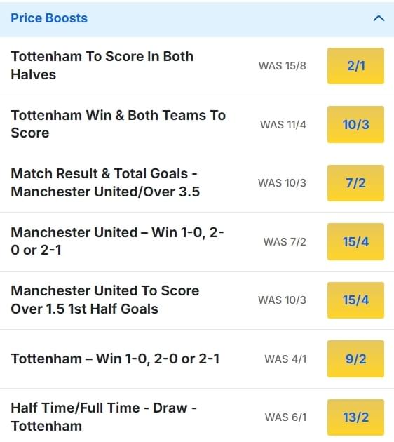 Man United v Tottenham Odds Price Boosts Premier League 2024 25 Man United v Tottenham Odds Price Boosts Premier League 2024 25