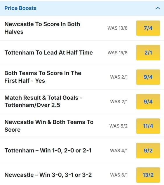 Newcastle v Tottenham Odds Price Boosts Premier League 2024 25 Newcastle v Tottenham Odds Price Boosts Premier League 2024 25