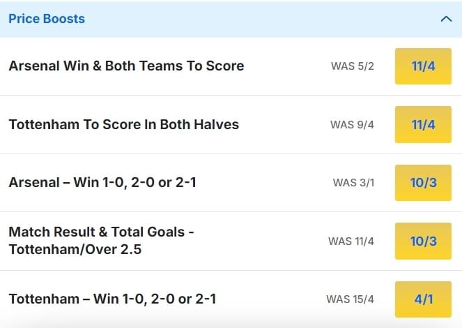 Tottenham v Arsenal Odds Price Boosts Premier League 2024 25 Tottenham v Arsenal Odds Price Boosts Premier League 2024 25