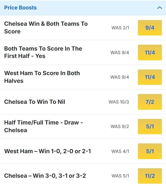West Ham v Chelsea Odds Price Boosts Premier League 2024 25 West Ham v Chelsea Odds Price Boosts Premier League 2024 25
