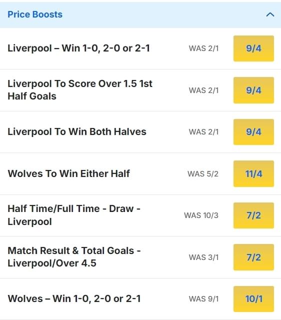 Wolves v Liverpool Odds Price Boosts Premier League 2024 25 Wolves v Liverpool Odds Price Boosts Premier League 2024 25