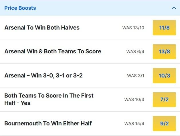 Arsenal v Bournemouth Odds Price Boosts Premier League 2023 24 Arsenal v Bournemouth Odds Price Boosts Premier League 2023 24