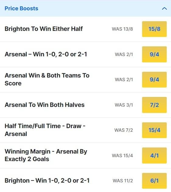 Brighton v Arsenal Odds Price Boosts Premier League 2023 24 Brighton v Arsenal Odds Price Boosts Premier League 2023 24