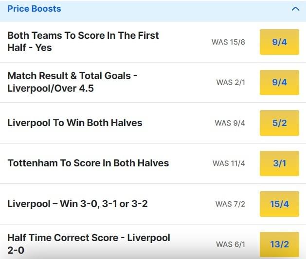 Liverpool v Tottenham Odds Price Boosts Premier League 2023 24 Liverpool v Tottenham Odds Price Boosts Premier League 2023 24
