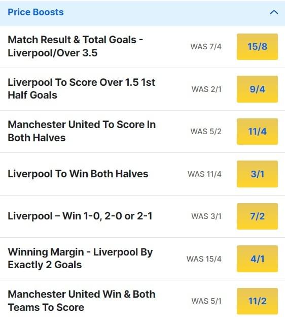 Man United v Liverpool Odds Price Boosts Premier League 2023 24 Man United v Liverpool Odds Price Boosts Premier League 2023 24